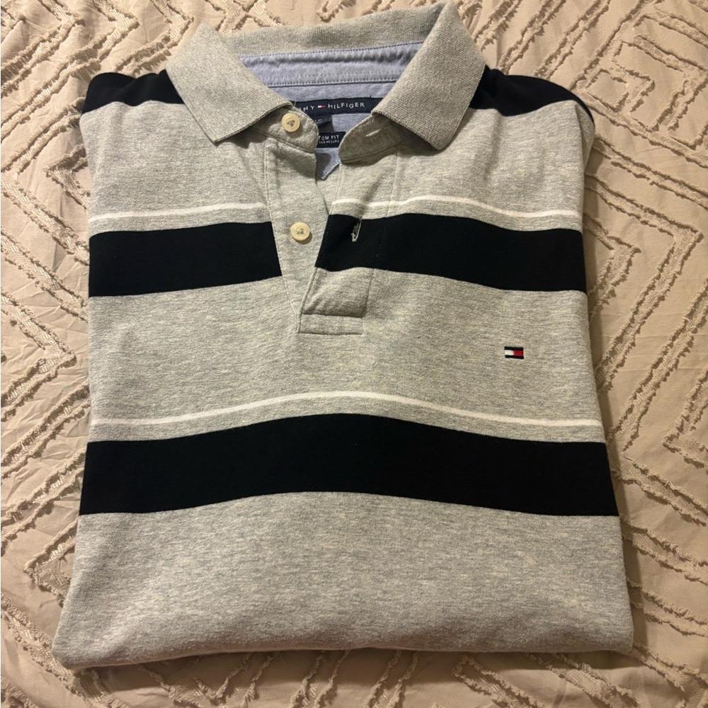 Tommy Hilfiger Gray and Black Striped Polo Shirt